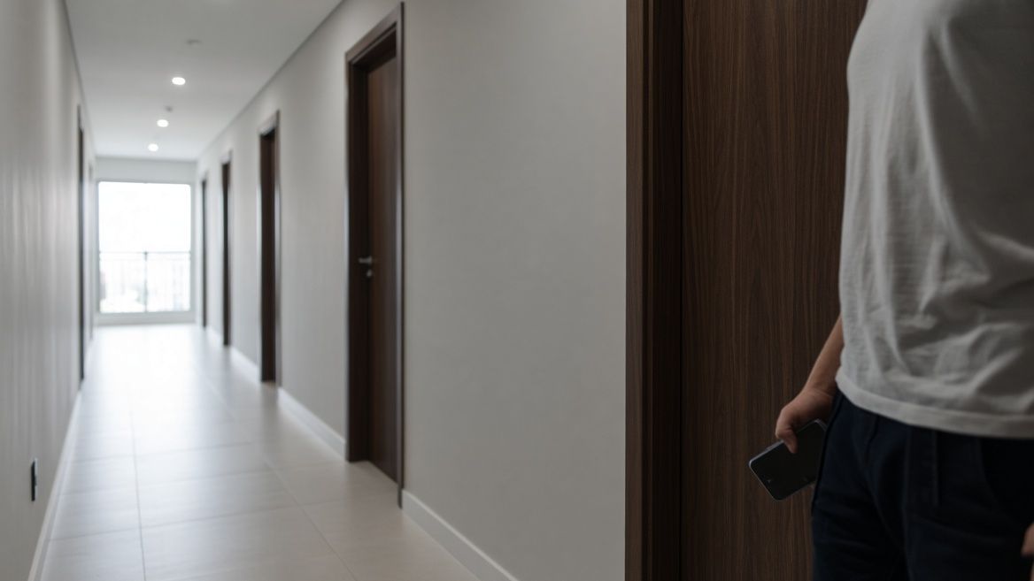 Corredor de andar de edifício residencial com portas de madeira escura; à direita, uma pessoa de costas junto à própria porta, com o celular em uma das mãos.